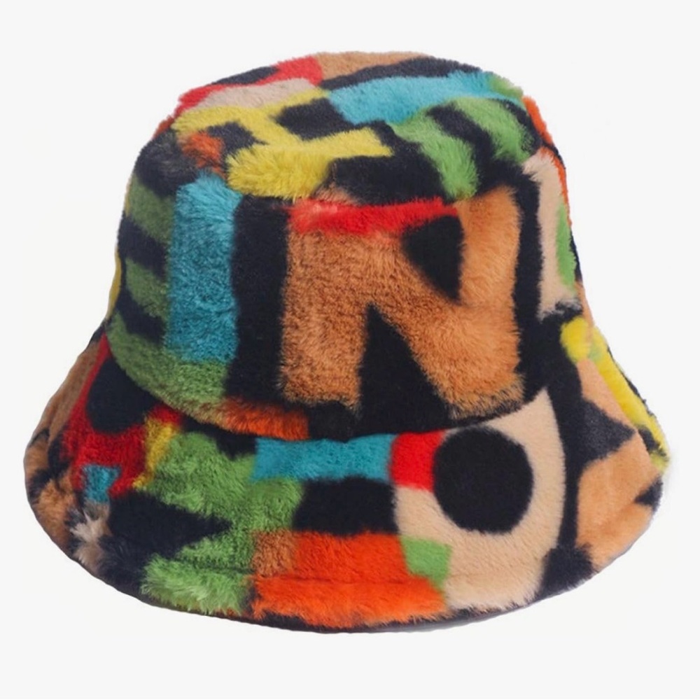 Multicolor Faux Fur Bucket Hat - Bold Pattern